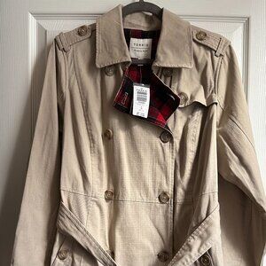 Torrid 1X Belted Beige Khaki Trench Jacket with Red Plaid Flannel Lining NWT